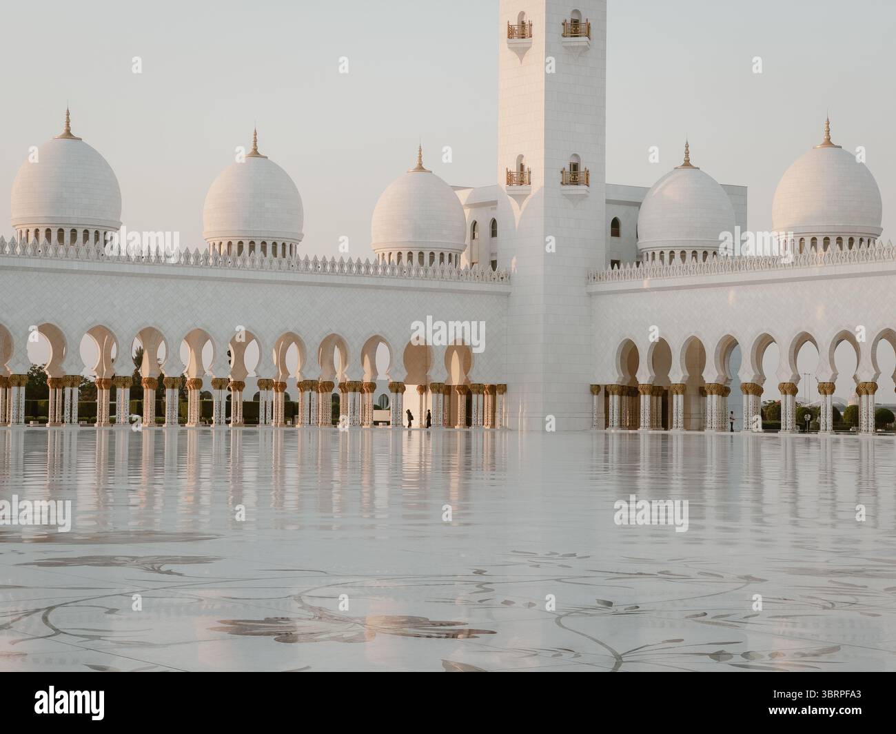 Der Innenhof der sheikh Zayed Moschee ist von Sonnenuntergang beleuchtet, der Marmorboden ist glänzend und die Säulen sind zur goldenen Stunde revanchiert Stockfoto