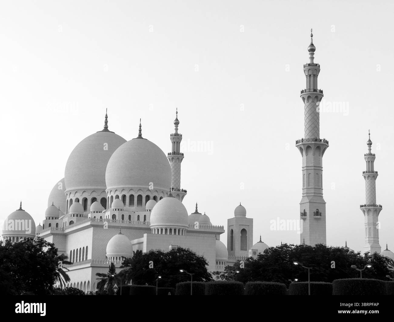Filmischer Schwarzweiß-Blick auf die Moschee in Istanbul türkei, islamische Architektur mit Kuppeln und Minarett Stockfoto