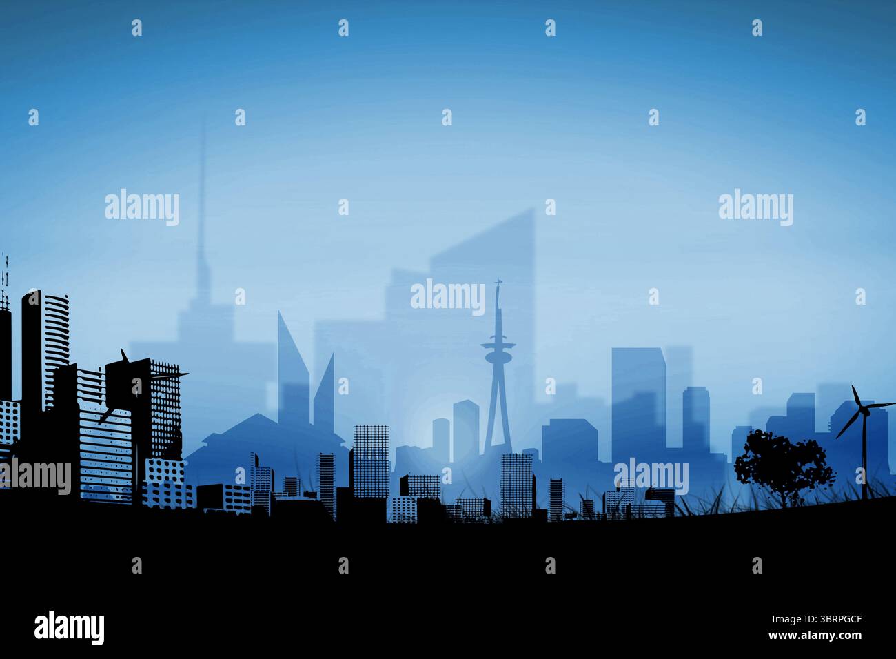 Die Vektorkunst zeigt die Silhouette der Skyline vor blauem Himmel mit grasbewachsenem Hügel, Windturbine und Baum Stockfoto