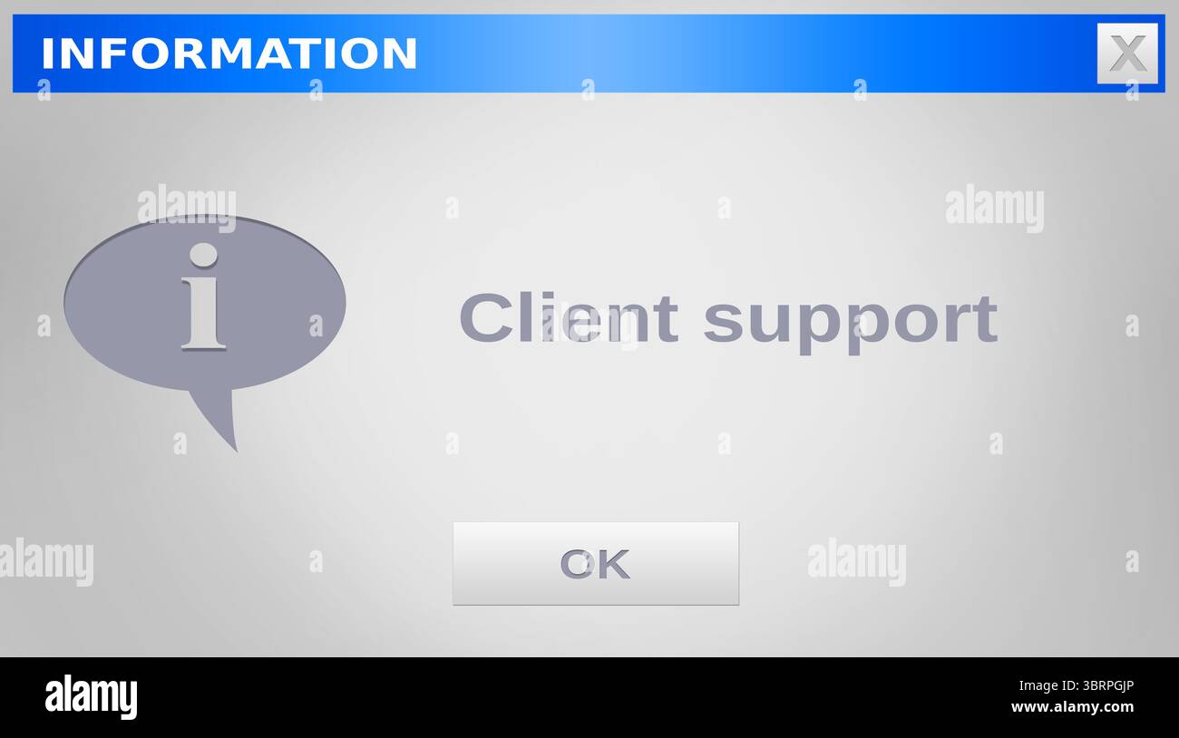 Das Dialogfenster zeigt eine flache blaue Titelleiste X-Info-Symbol Client-Support-Text OK-Schaltfläche Stockfoto