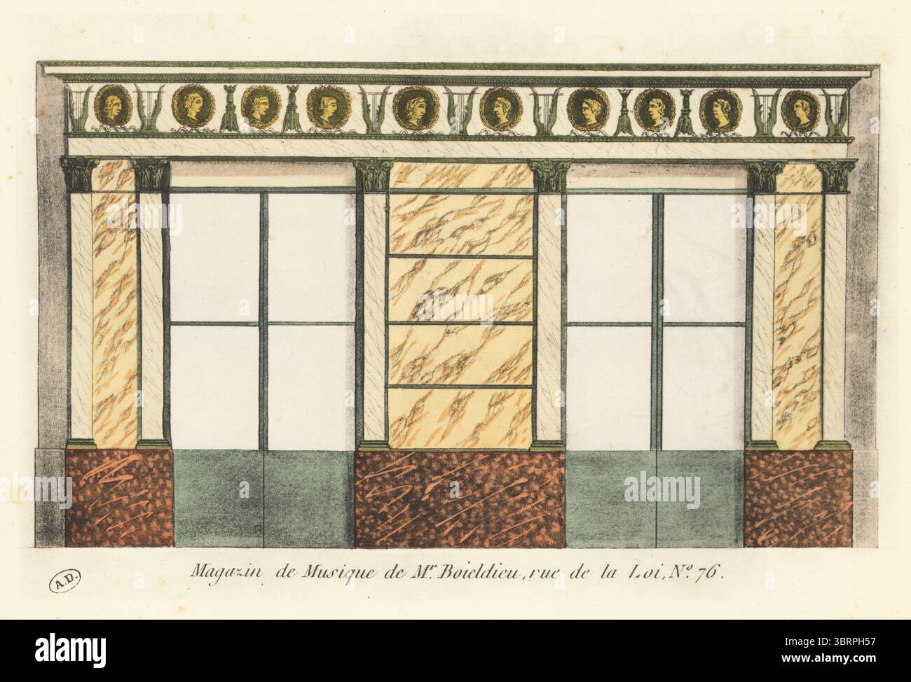 Laden vor dem Musikladen von Mr. Boieldieu, Paris. Über den Glastüren befindet sich ein Fries mit Harfen und Porträts berühmter Musikkomponisten. Boieldieu war der Vater von Francois-Adrien Boieldieu, dem Komponisten von La Dame Blanche und anderen Opern. Magazin de Musique de M. Boieldieu, 76 rue de la Loi. Handkolorierte Pochor-Lithographie nach einem Stich von Jean-Marie Mixelle aus Hector Lefuels Boutiquen Parisiennes du Premier Empire, Pariser Geschäfte des Ersten Reiches, Morance, Paris, 1925. Stockfoto