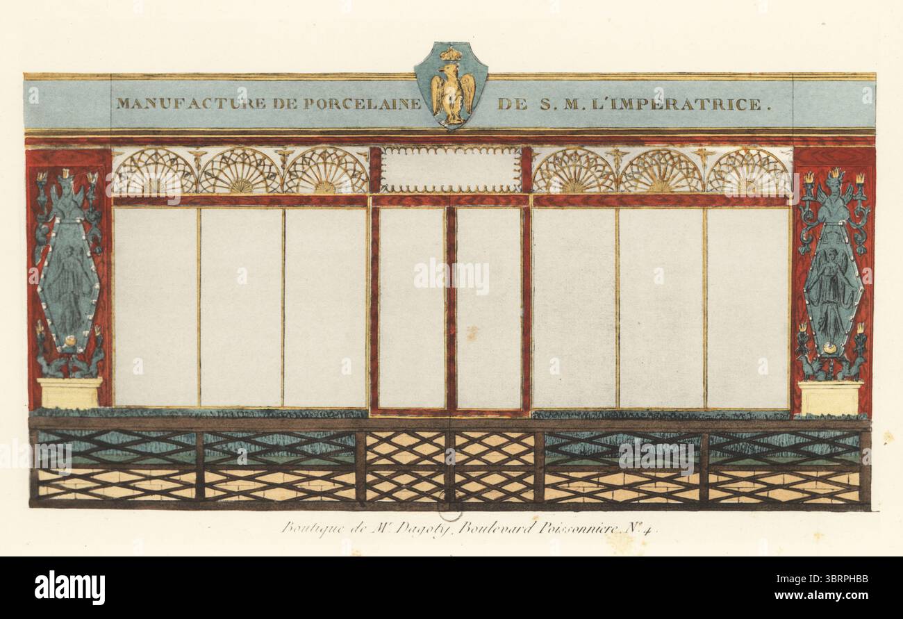 Ladenlokal des Porzellangeschäfts von Pierre-Louis Dagoty. Porzellanhersteller aus Hartpaste, der mit Sevres, Dihl und Guerhard oder de Nast konkurrierte. Lieferung Von Kaiserin Josephine. Die Gäste konnten Vasen im etruskischen oder ägyptischen Stil wählen oder Teller mit Fresken aus Herculaneum dekorieren. Manufacture de Porcelaine de SM l'Imperatrice. Boutique de Mr Dagoty, Boulevard Poissonniere 4. Handkolorierte Pochor-Lithographie nach einem Stich von Jean-Marie Mixelle aus Hector Lefuels Boutiquen Parisiennes du Premier Empire, Pariser Geschäfte des Ersten Reiches, Morance, Paris, 1925. Stockfoto