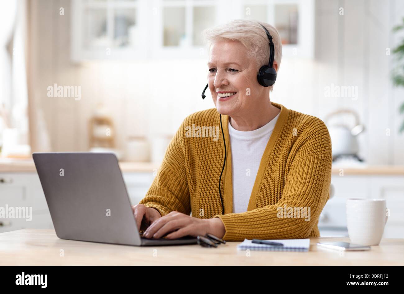 Glückliche alte Frau mit Laptop, mit Videokonferenz Stockfoto