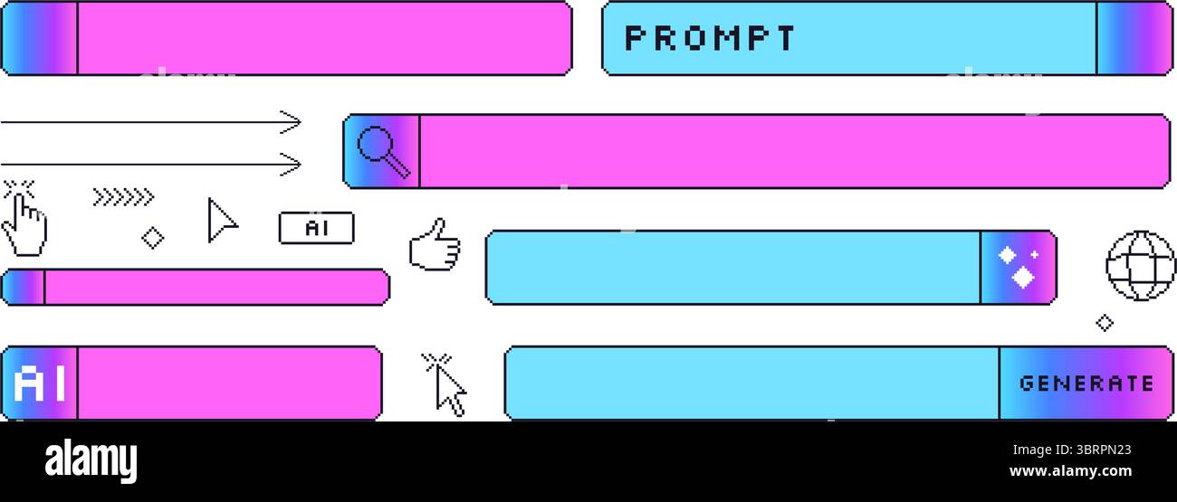 Generieren Sie den Pixelbildsatz der KI-Bot-Balken. 8-Bit-Webbrowser-Gradient-Prompt-Elemente-Sammlung. Retro-Internetformen. Klicken Sie auf die Fenster Cursor und Schaltflächen. Vect Stock Vektor
