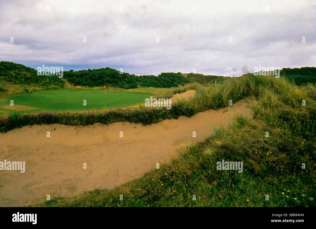Der Royal County Down Golf Club ist einer der weltweit angesehensten und atemberaubendsten Golfplätze vor der atemberaubenden Kulisse der Mourne Mountains in Nordirland. Der 1889 gegründete Championship Links Course ist bekannt für seine zerklüfteten Dünen, schnell laufenden Fairways und teuflisch kniffligen Pot Bunker, die einen reinen und aufregenden Golftest bieten. Mit seinen legendären blinden Abschlägen, hügeligen Grüns und den sich ständig ändernden Küstenwinden gehört Royal County Down immer wieder zu den besten Golfplätzen der Welt. Ein beliebtes Ziel für jeden Golfer Stockfoto