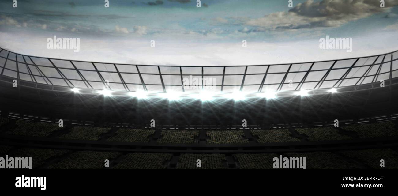 3D-Rendering zeigt gebogene Dachträger aus Metall und leuchtende Flutlichter über den gestuften Stadionsitzen Stockfoto