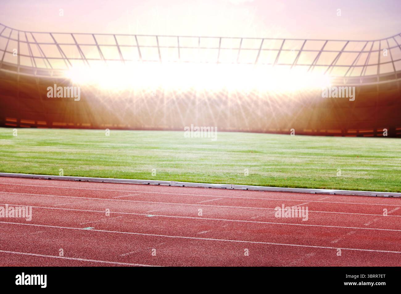 Das leere Leichtathletikstadion zeigt rote Rennbahn, Feld und steht unter Flutlichtern in flachem Stil Stockfoto