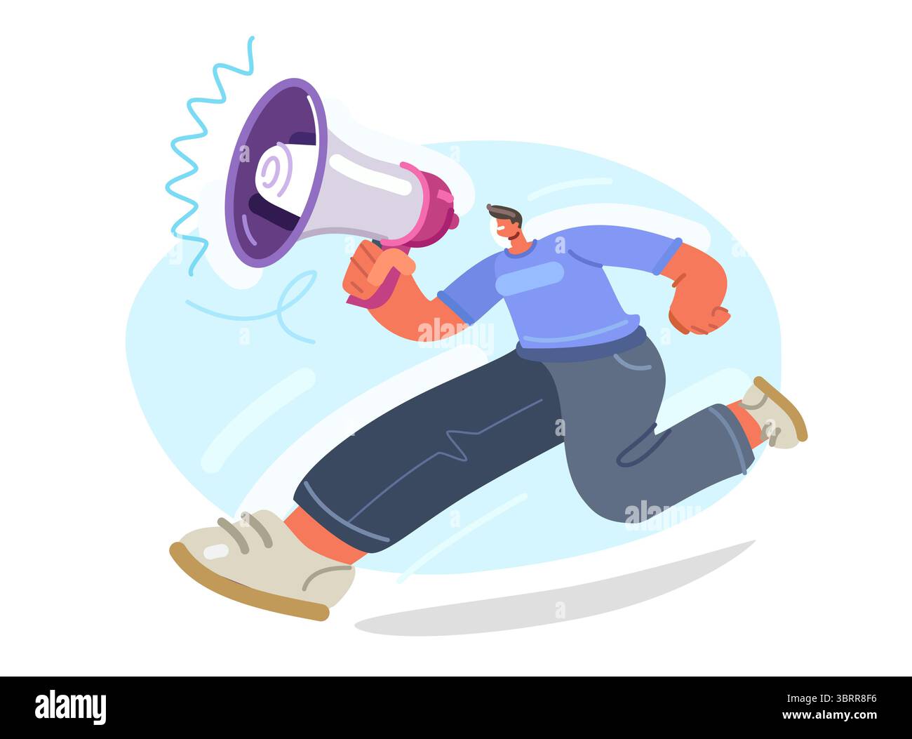Ankündigung oder Promotion, Marketingankündigung. Der Mann läuft mit Megaphon. Vektorabbildung Stock Vektor