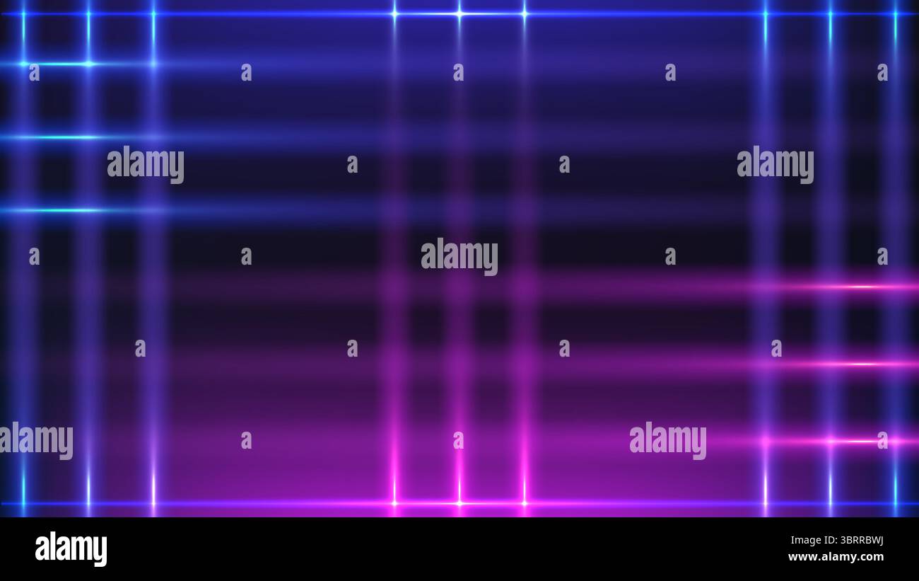 Abstraktes leuchtendes Gitter aus vertikalen und horizontalen Neonlinien in Blau und Rosa erzeugt einen futuristischen Lichteffekt auf dunklem Hintergrund, ideal für Tech VI Stock Vektor