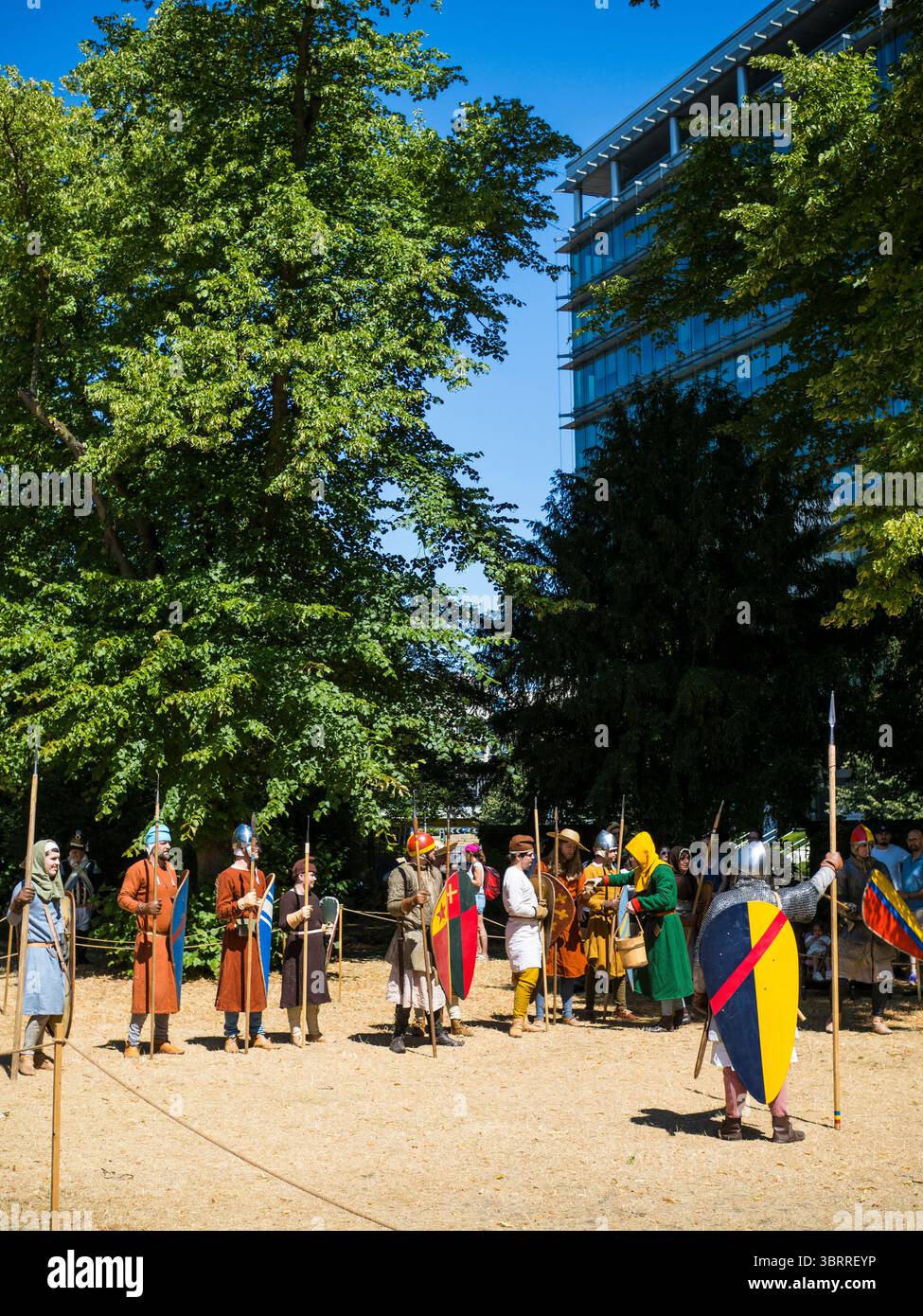 Norman Reenactment, am Bastille Day, Forbury Gardens, Reading, Berkshire, England, Großbritannien, GB. Stockfoto