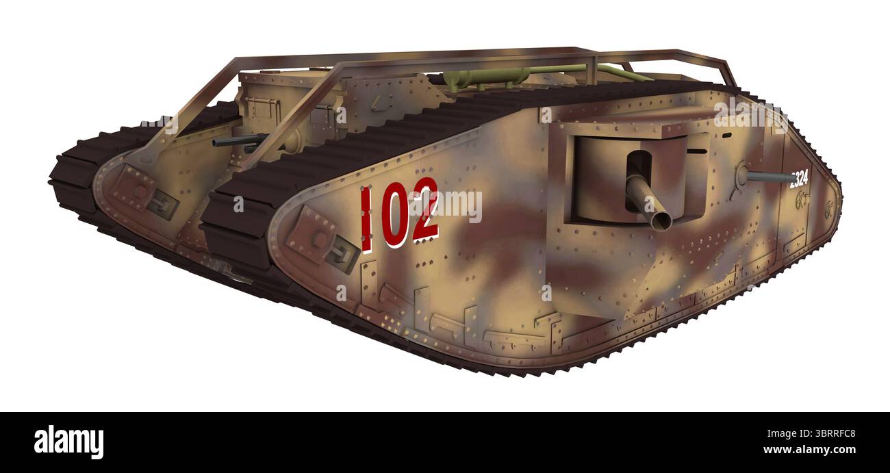 Britischer schwerer Panzer des Ersten Weltkriegs isoliert auf weißem Hintergrund Stockfoto