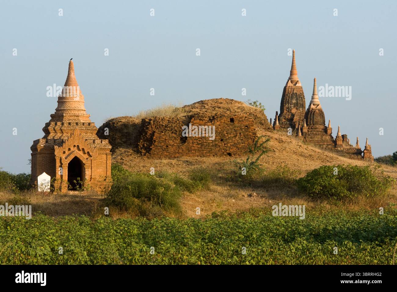Eine Gruppe von Pagoden aus dem 13. Jahrhundert unterschiedlicher Größe steht zwischen den Feldern am Ufer des Irrawaddy-Flusses in Bagan, Union von Myanmar (Birma) Stockfoto