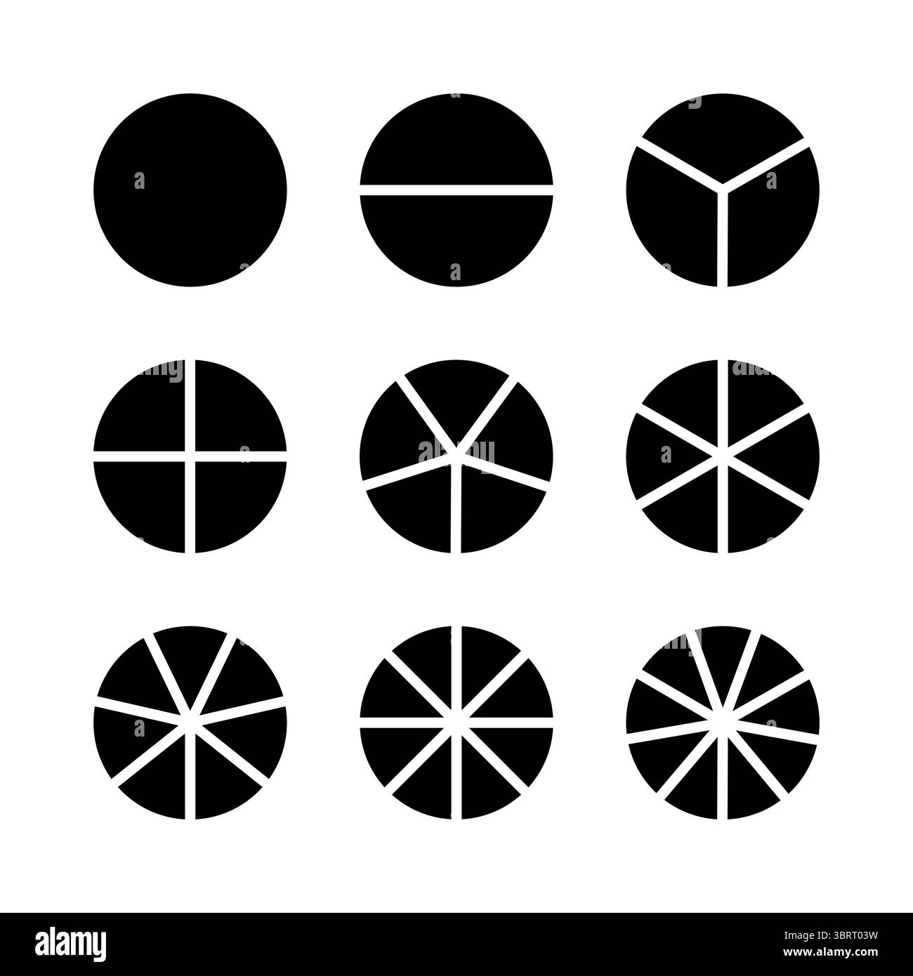 Kreisteilung auf 1, 2, 3, 4, 5, 6, 7, 8, 9 gleiche Teile. Infografik minimalistisches schwarzes Layout. Radrunddiagramme von einem bis neun Segmenten Stock Vektor