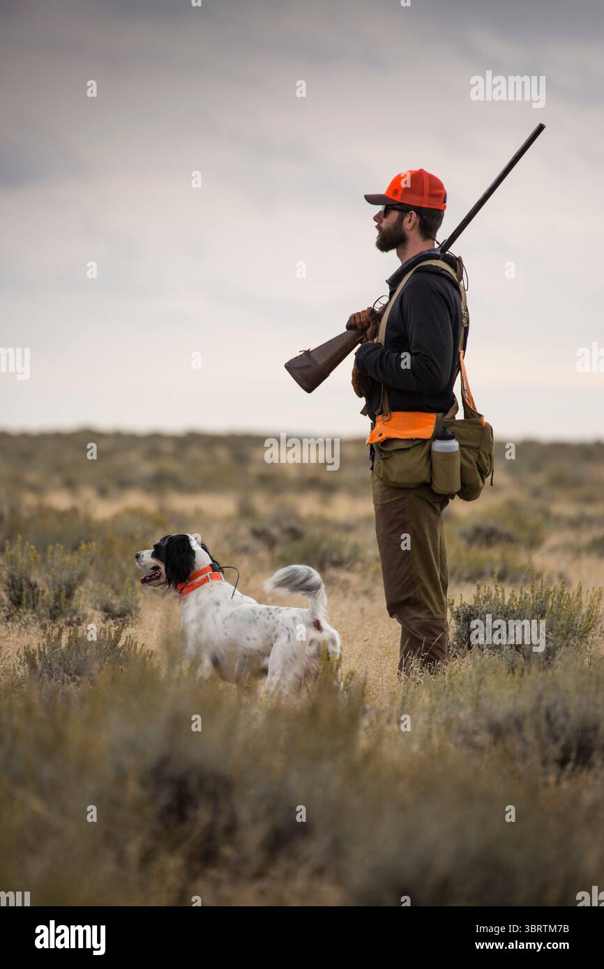 September 2018 – Malta, Montana, USA – Garrett Mikrut hält mit seinem Hund auf der Jagd auf Auerhühner bei Malta, Montana, inne. (Bild: © Jess McGlothlin /ZUMA Wire/ZUMA Press) Stockfoto