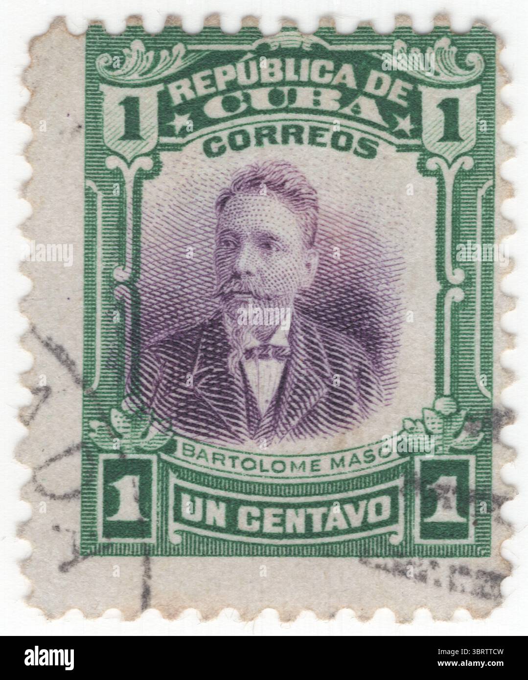 KUBA - 1. Februar 1910: Eine 1 Centavo grüne und violette Briefmarke mit Porträt von Bartolomé de Jesus Maso Marquez (1830–1907). Politiker und Militär, Patriot, Präsident der "Republik in Waffen" Stockfoto