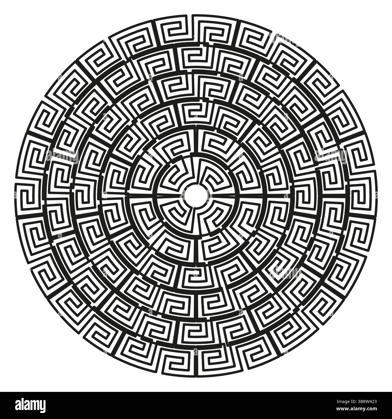 Kreisförmiges griechisches Muster. Labyrinth-Design. Geometrische Verzierung. Symbol für Vektorlabyrinth. Stock Vektor