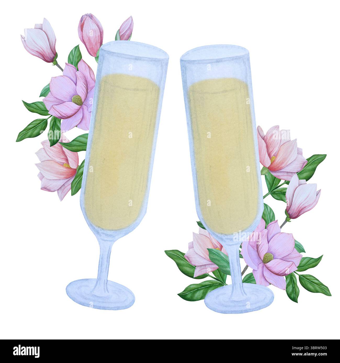 Clipart-Set für Hochzeits-Cliparts in Aquarell. Handgemalte Illustrationen mit Hochzeitsattributen und Magnolienblüten isoliert auf weiß. Romantische Grafiken für Invit Stockfoto