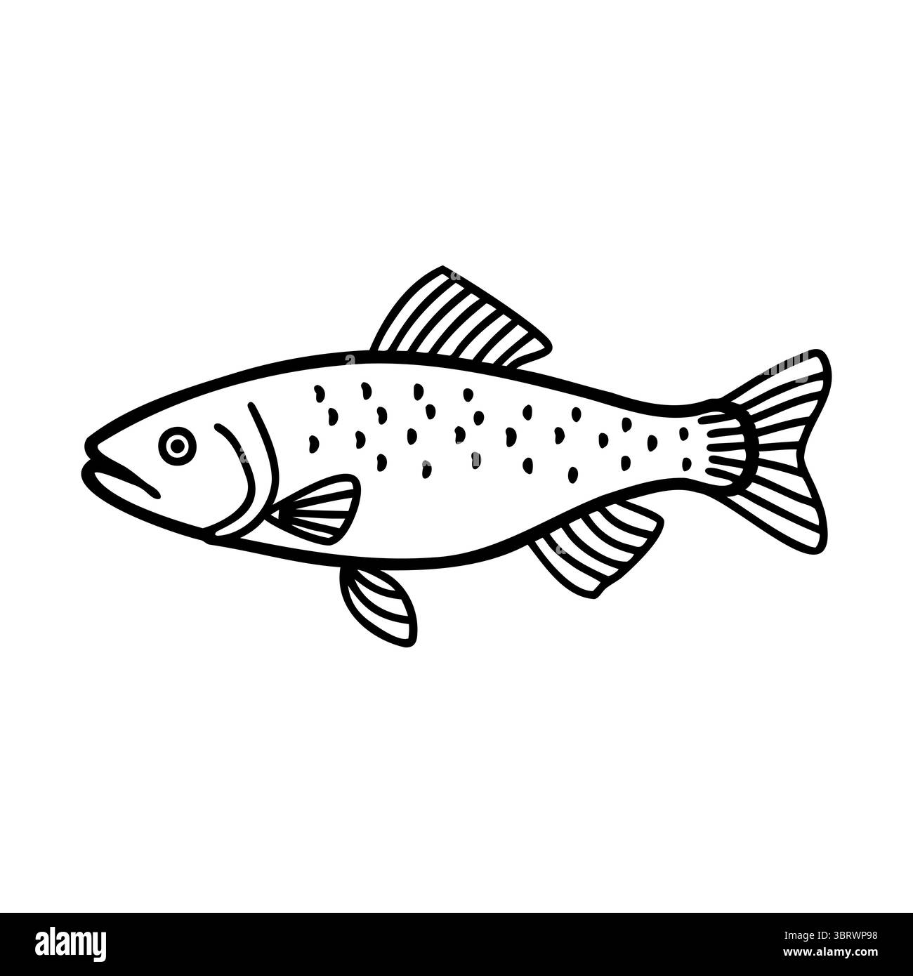 Eine einfache Linienzeichnung eines Fisches mit einem stromlinienförmigen Körper und verschiedenen Flecken an den Seiten. Der Fisch ist in einer Seitenansicht dargestellt und zeigt seine Flossen Stock Vektor