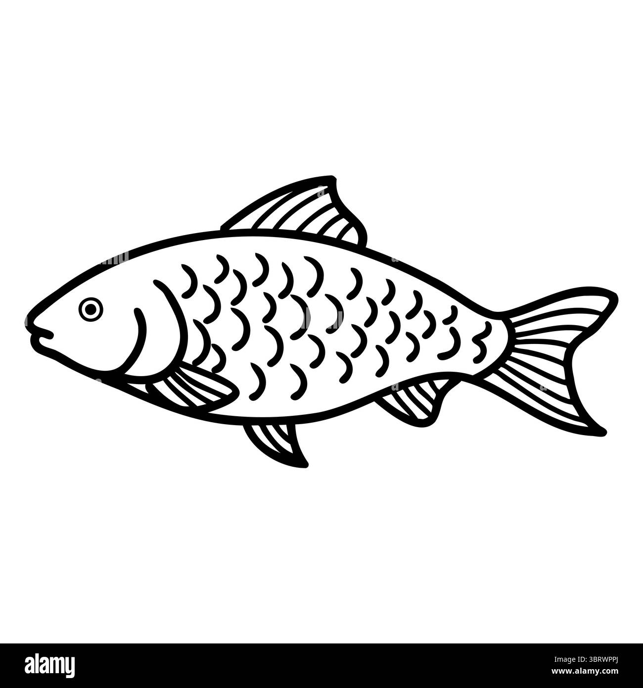 Eine einfache Linienzeichnung eines Fisches mit Schuppen und Flossen. Der Fisch hat einen abgerundeten Körper und einen spitzen Schwanz, der in einem minimalistischen Stil dargestellt wird. Stock Vektor