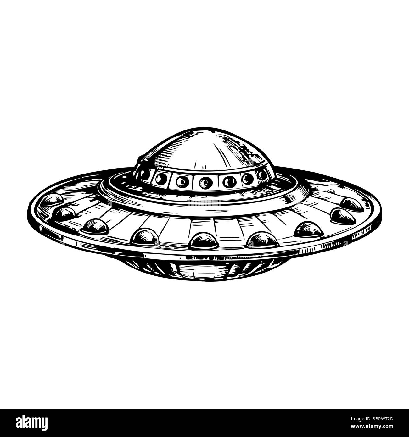Eine detaillierte Abbildung einer klassischen fliegenden Untertasse mit gewölbter Oberseite und kreisförmigem Sockel mit mehreren Lichtern am Rand. Das Design ist Retro Stock Vektor