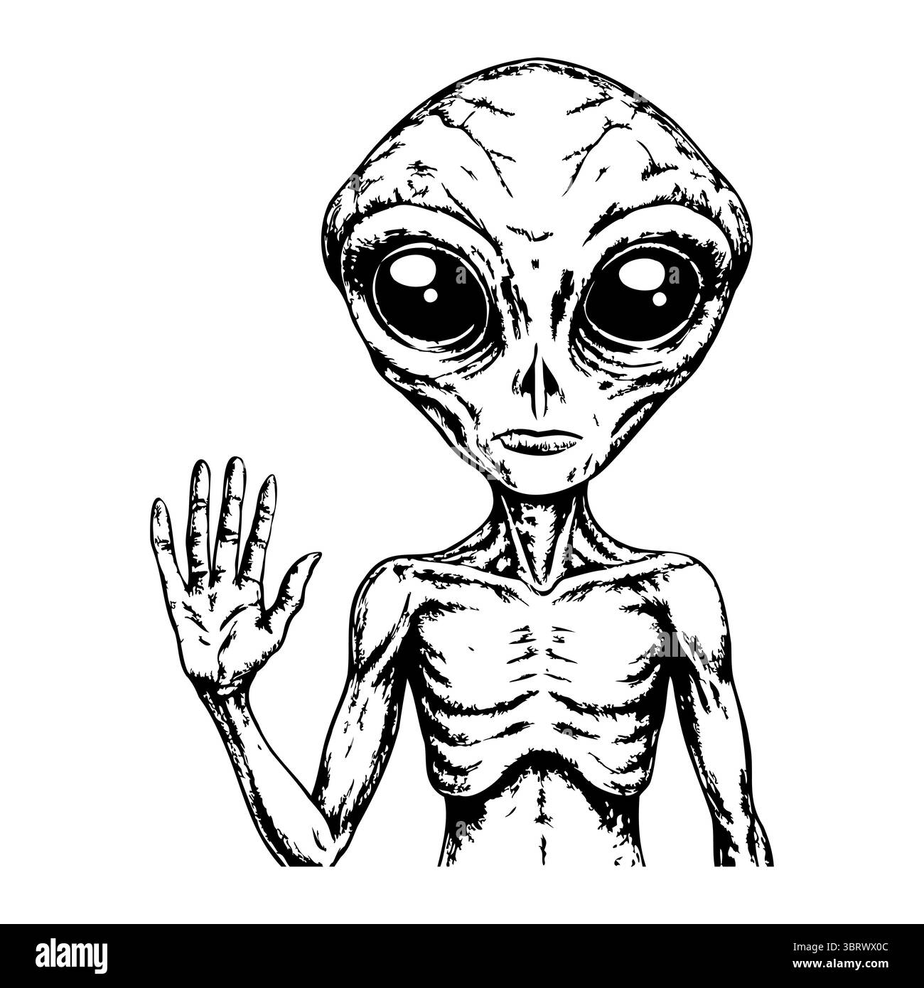 Ein Alien mit großen Augen und einem schlanken Körper winkt mit der Hand. Der Außerirdische hat einen grauen Hautton und ein schlichtes Design, das repräsentiert Stock Vektor