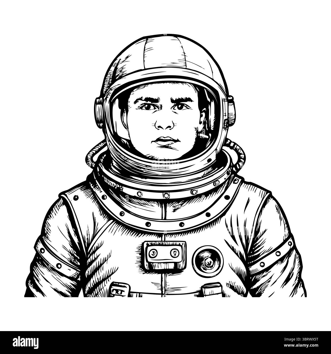 Ein junger Astronaut in einem Weltraumanzug, der einen Helm trägt. Das Design ist detailliert und monochrom und zeigt die Merkmale des Anzugs und des Astronauten Stock Vektor