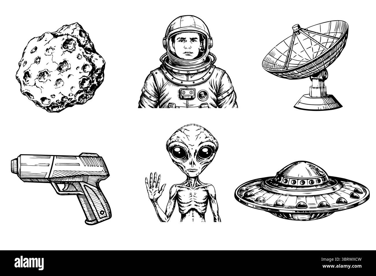 Eine Sammlung von Illustrationen zum Thema Weltraum, darunter ein Asteroid, ein Astronaut, eine Satellitenschüssel, eine Strahlenpistole, ein Alien, und ein UFO. Stock Vektor