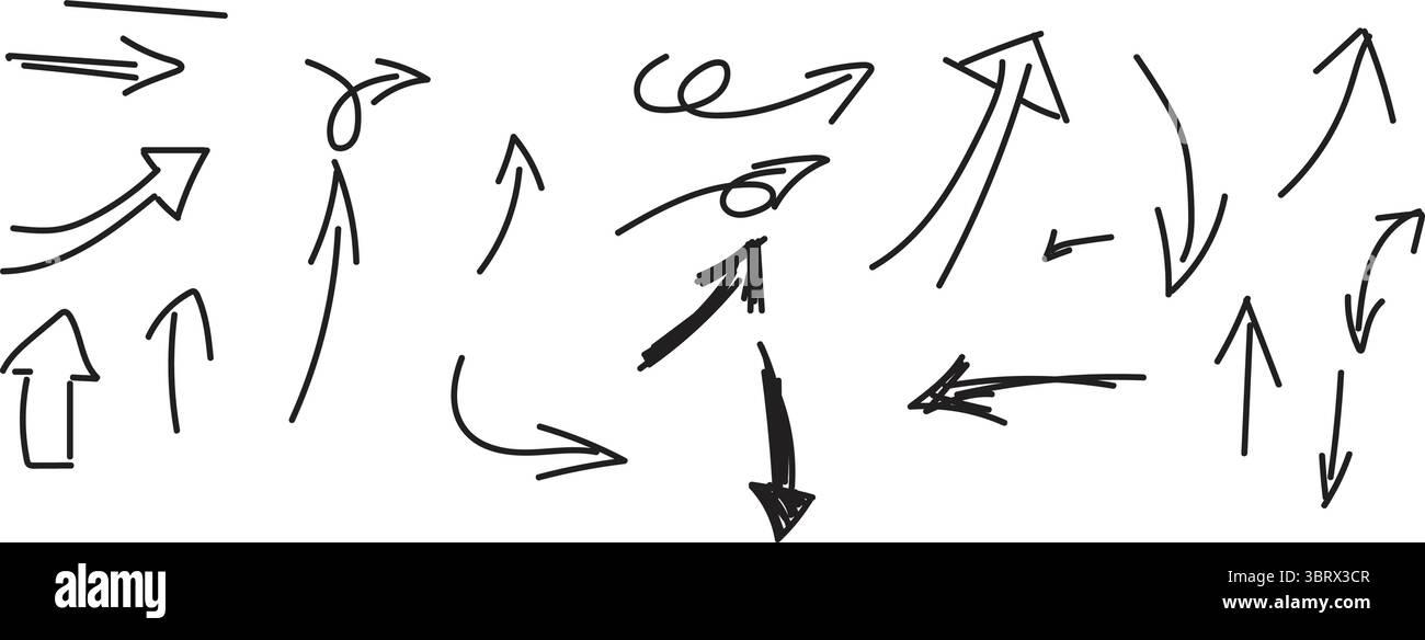 Detaillierte Zusammenstellung von handgezeichneten Pfeildarstellungen mit verschiedenen Stilen und Wegbeschreibungen Stock Vektor