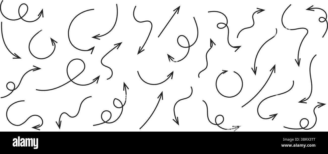 Satz von schwarzem handgezeichnetem Pfeilelement-Vektor. Sammlung von Kritzelpfeilen, Linien, Symbolen, Zeigezeichen, Formen auf weißem Hintergrund. Einfaches Symbol. Stock Vektor