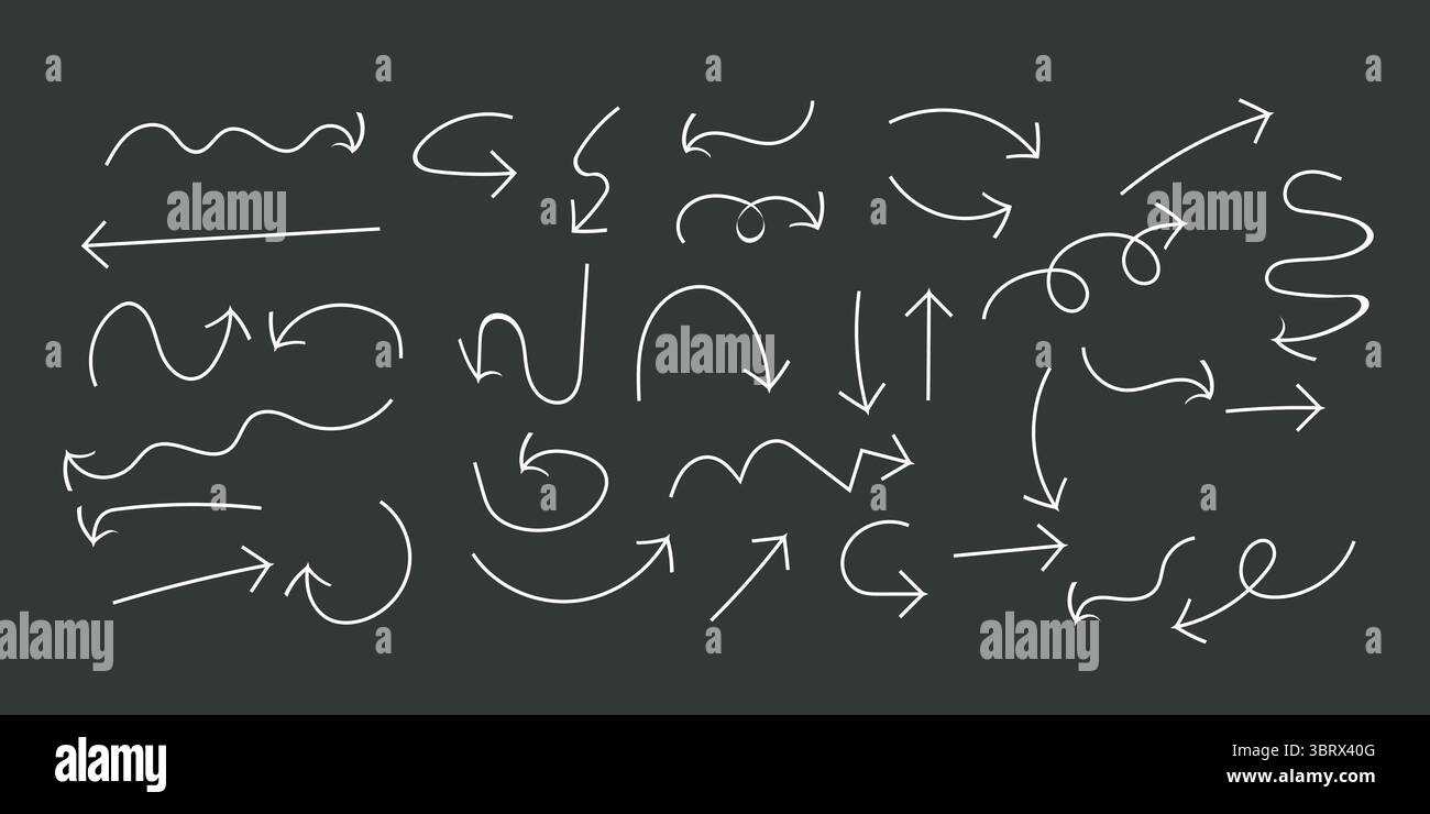 Vielseitige handgezeichnete Doodle-Pfeile auf einem Tafel-Hintergrund für Richtung und Betonung Stock Vektor