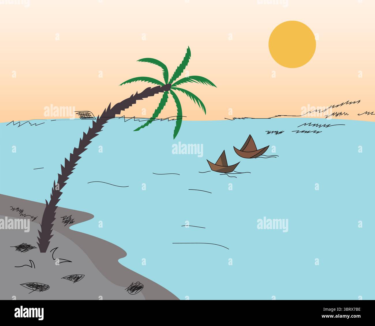 Tropischer Sonnenuntergang Strand mit Palme und Booten – handgezeichnete Landschaft Kunst Vektor Illustration Stock Vektor