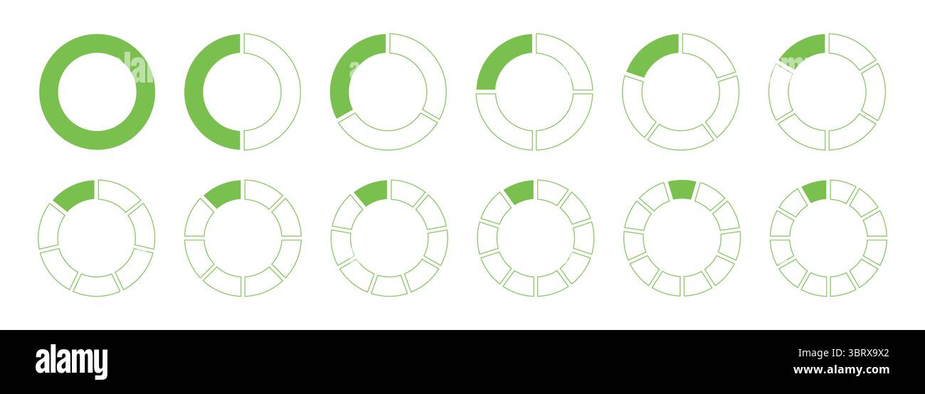 Kreise unterteilt in Diagramm 1, 2, 3, 10, 7, 8, 9, 10, 11, 12 gleiche Teile. Coaching leere runde Vorlage. Grafik-Icon-Torte, pizzaförmige Schnittdiagramme Stock Vektor