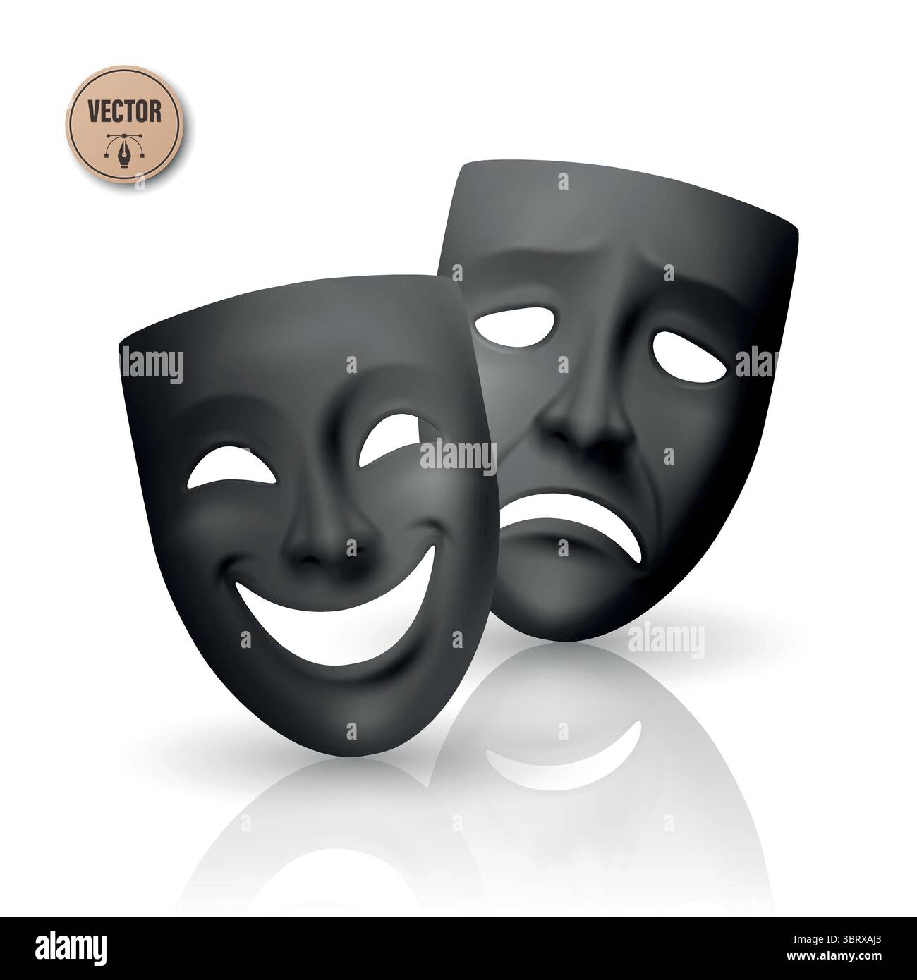 Vektor Realistische Schwarze Theater Maske Set. Comedy- und Tragödie-Masken. Klassische Theatermaske für Bühnendesign, griechisches Drama, Schauspiel, darstellende Kunst Stock Vektor