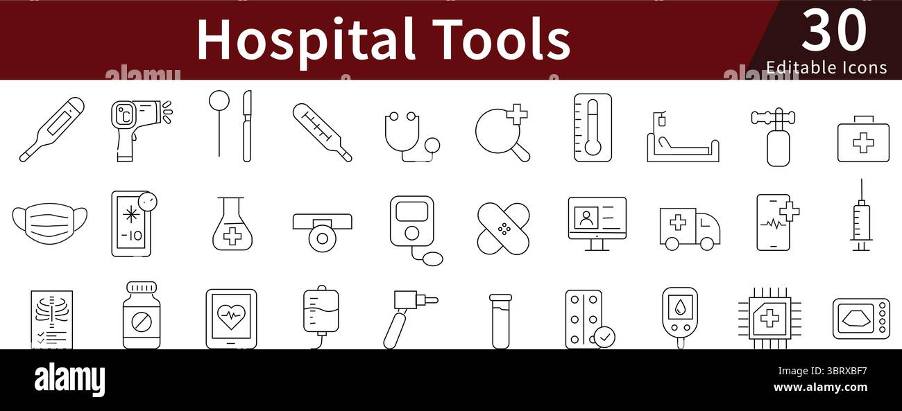 Hospital Tools Medical editierbare Liniensymbole für Geräte, Chirurgie, Instrumente und Klinisches Management Stock Vektor