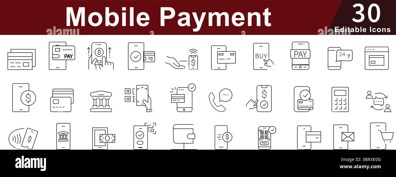 Symbole für mobile Zahlungspositionen: Digitale Brieftasche, E-Commerce und Online-Transaktionen Stock Vektor