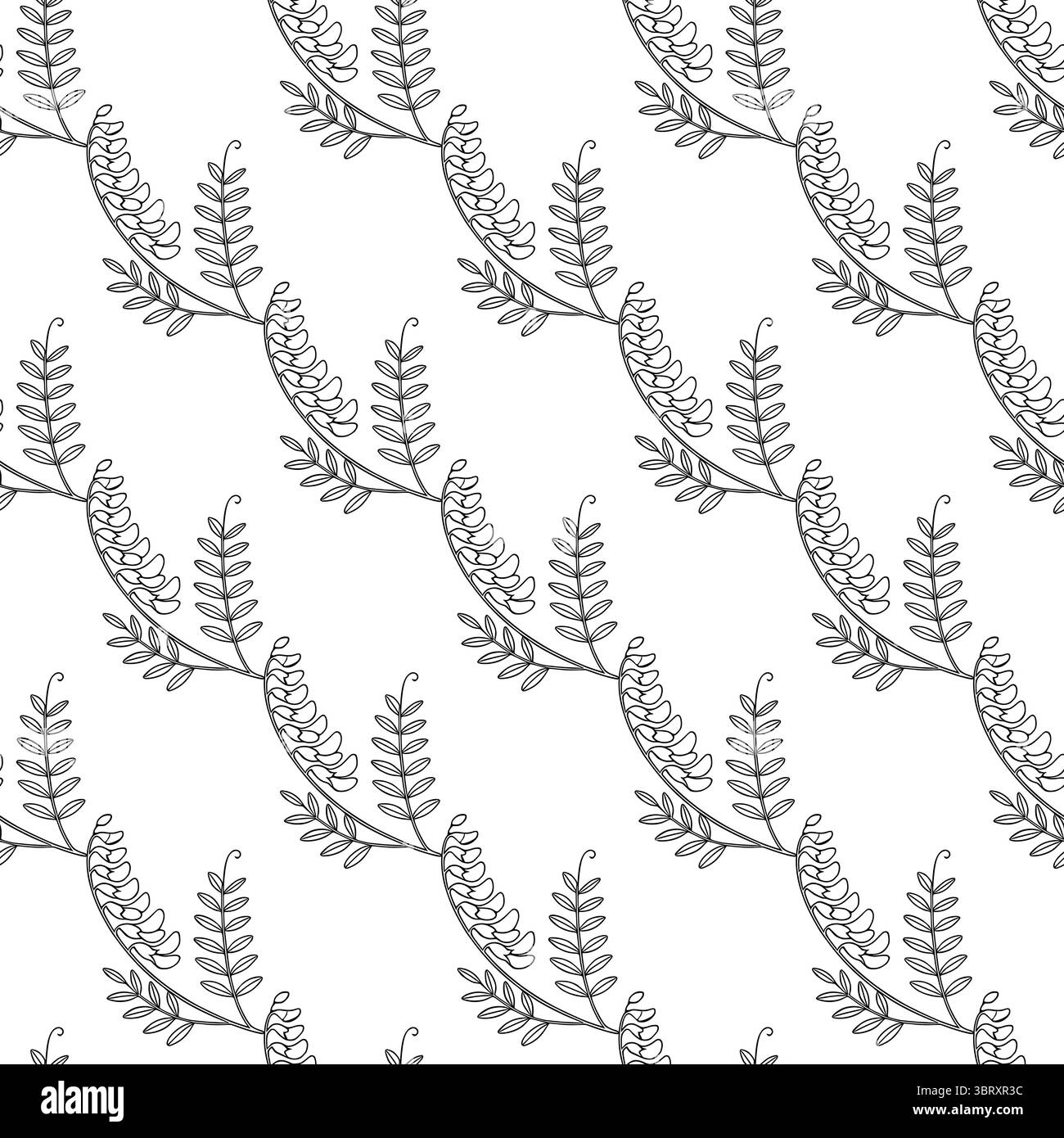 Nahtloses Vektormuster von eleganten schwarzen Umrissen getuftete Wickelblüten und Blätter auf einem weißen Hintergrund, perfekt für Textildesign oder Tapeten. Stock Vektor