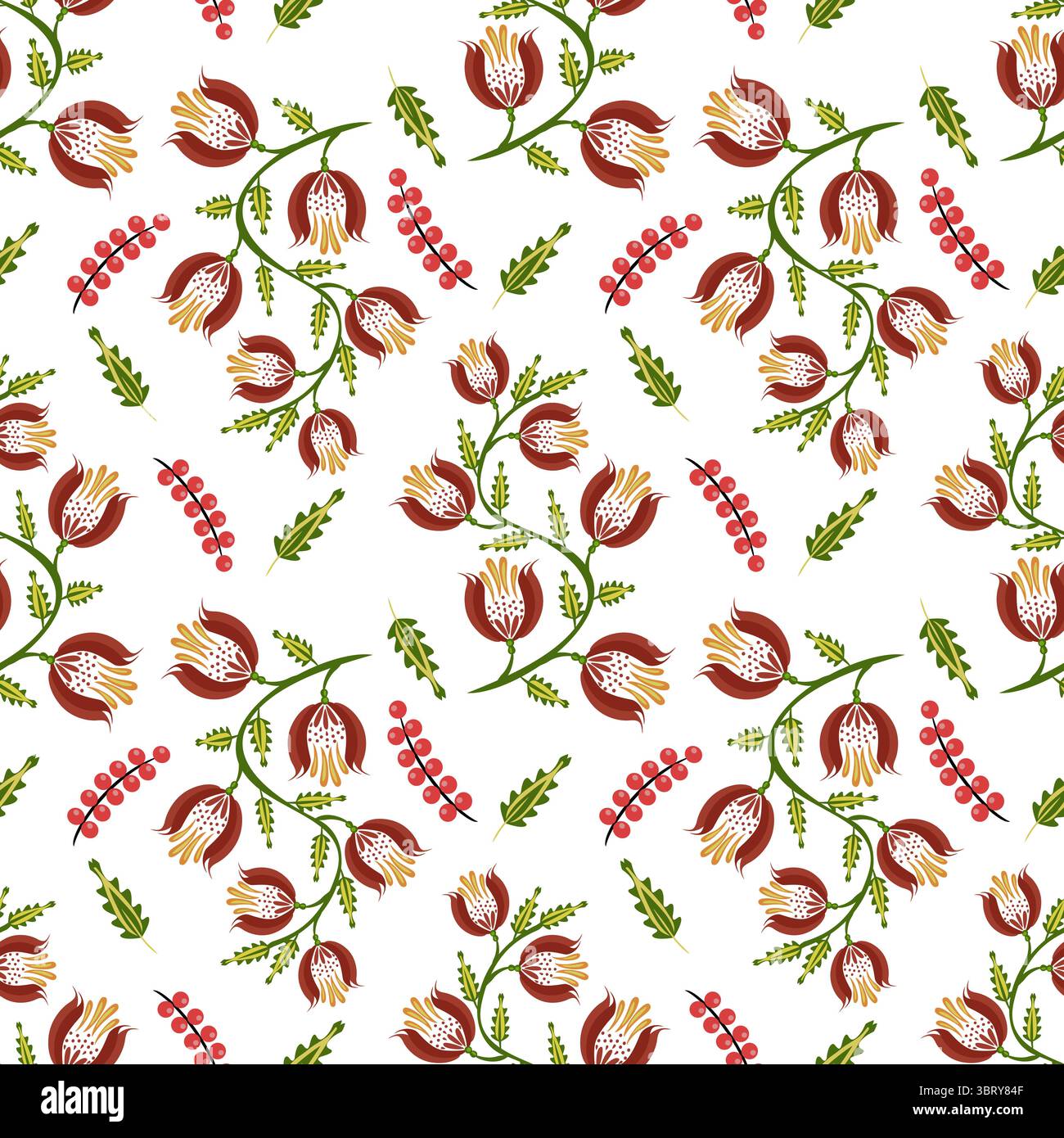 Ein nahtloses florales Volkskunst-Vektormuster mit roten Tulpen, grünen Blättern und Beerengruppen auf weißem Hintergrund. Das Design ist lebendig und Stock Vektor