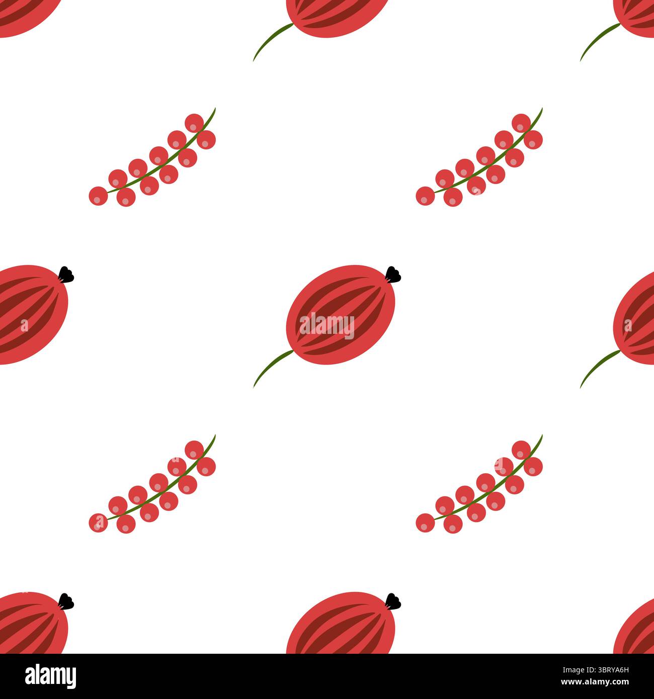 Ein nahtloses Volkskunst-Vektormuster mit stilisierten roten Wassermelonenscheiben und Häufchen roter Beeren auf weißem Hintergrund. Das Design ist verspielt Stock Vektor
