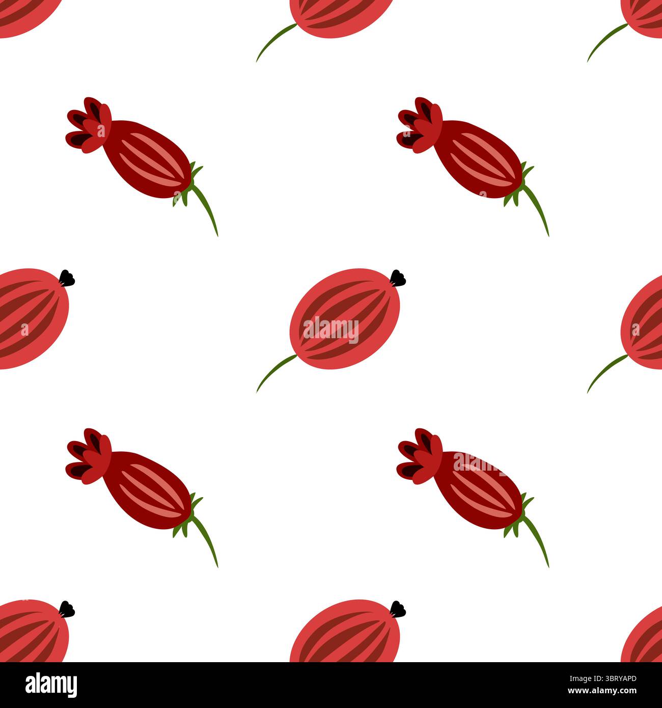 Ein nahtloses Volkskunst-Vektormuster mit stilisierten roten Blumen mit grünen Stielen auf weißem Hintergrund. Die Blüten haben eine abgerundete Form und sind distinkt Stock Vektor