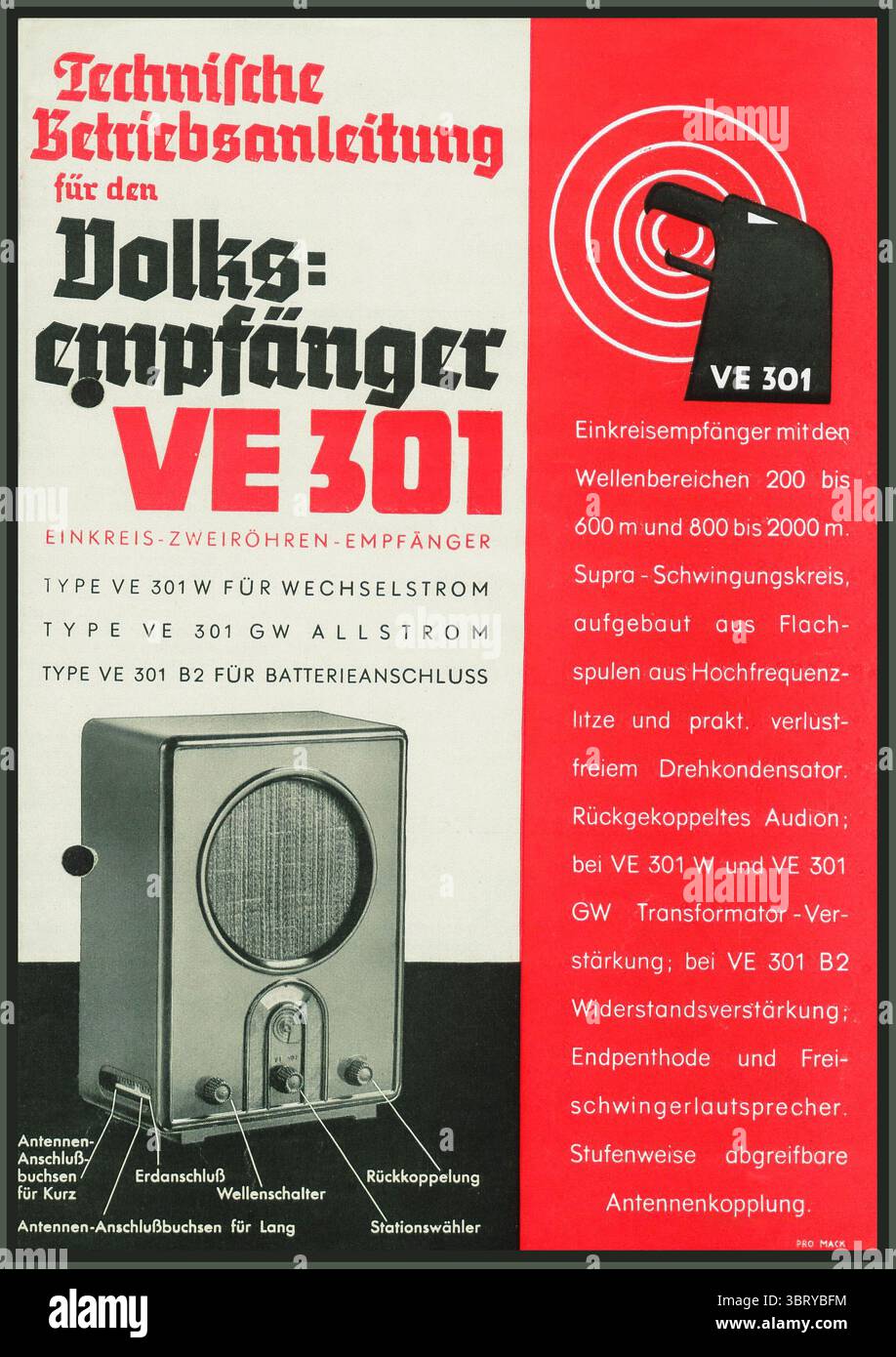 Nazi-Poster für den Volksempfänger VE 301, auch bekannt als „Volksempfänger“. Dies war ein preiswerter Funkempfänger, der in den 1930er Jahren in Nazi-Deutschland hergestellt wurde Es war ein Propagandawerkzeug: Entwickelt auf Wunsch von Joseph Goebbels, dem Nazi-Minister für Propaganda, war es ein wichtiges Instrument zur Verbreitung von Nazi-Ideologie und Propaganda. Der von Walter Maria Kersting entworfene niedrige Preis (76 Reichsmark, deutlich günstiger als andere Funkgeräte zu dieser Zeit) machte den Besitz eines Funkgeräts für ein breites Segment der deutschen Bevölkerung zugänglich. Die Modellnummer „VE 301“ bezieht sich auf den 30. Januar 1933 Stockfoto