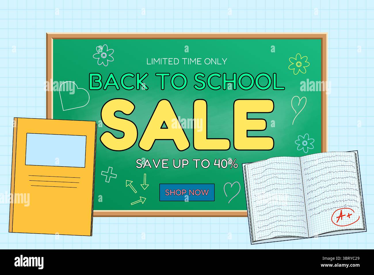 Back-to-School-Werbebanner mit grüner Tafel, gelbem Notizbuch und geöffneter, bewerteter Illustration des Arbeitsbuchs auf Grafikhintergrund. Bei saisonalen Angeboten, Stock Vektor