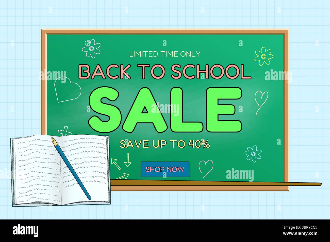 Back to School Sale Banner mit Tafel, grünem VERKAUFSTEXT, Notizbuch und Stiftabbildung auf grafischem Hintergrund. Für saisonale Angebote, Shopping Adver Stock Vektor