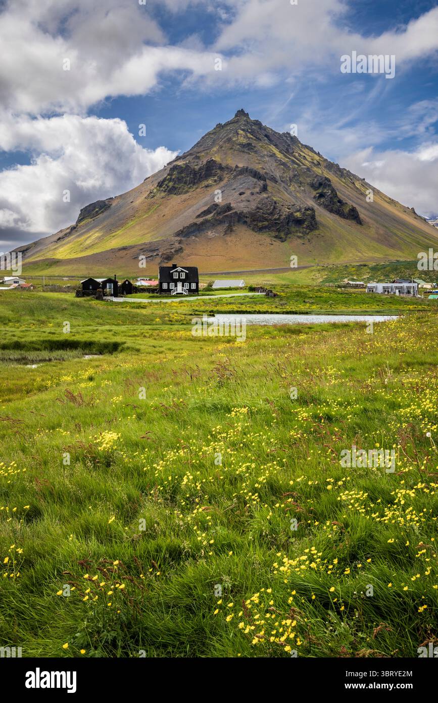 Arnarstapi Dorf mit Stapafell Vulkanberg im Hintergrund, Westisland Stockfoto