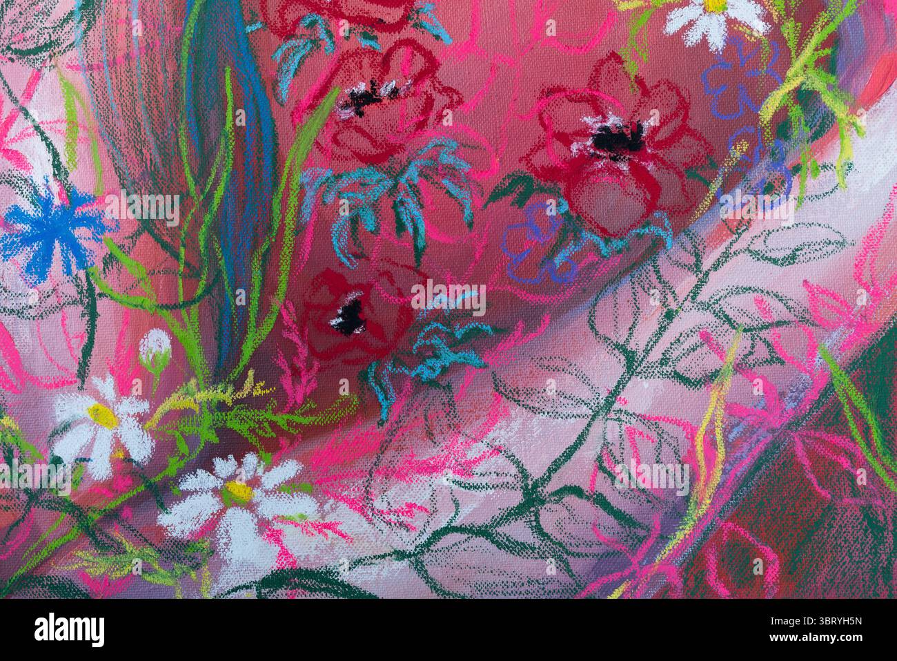 Lebendige Pastellfragmente zeigen florale Schönheit in einer lebendigen Komposition auf strukturierter Leinwand Stockfoto