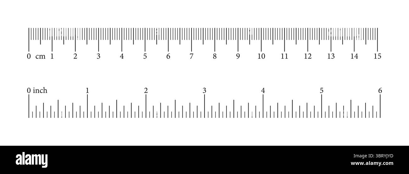 Skala 6 Zoll, 15 Zentimeter, Markup, Zahlen. Abstand, Höhe, Längenmessung, Nähwerkzeug. Maßtabellen, Vorlage für metrische und britische Einheiten. Stock Vektor