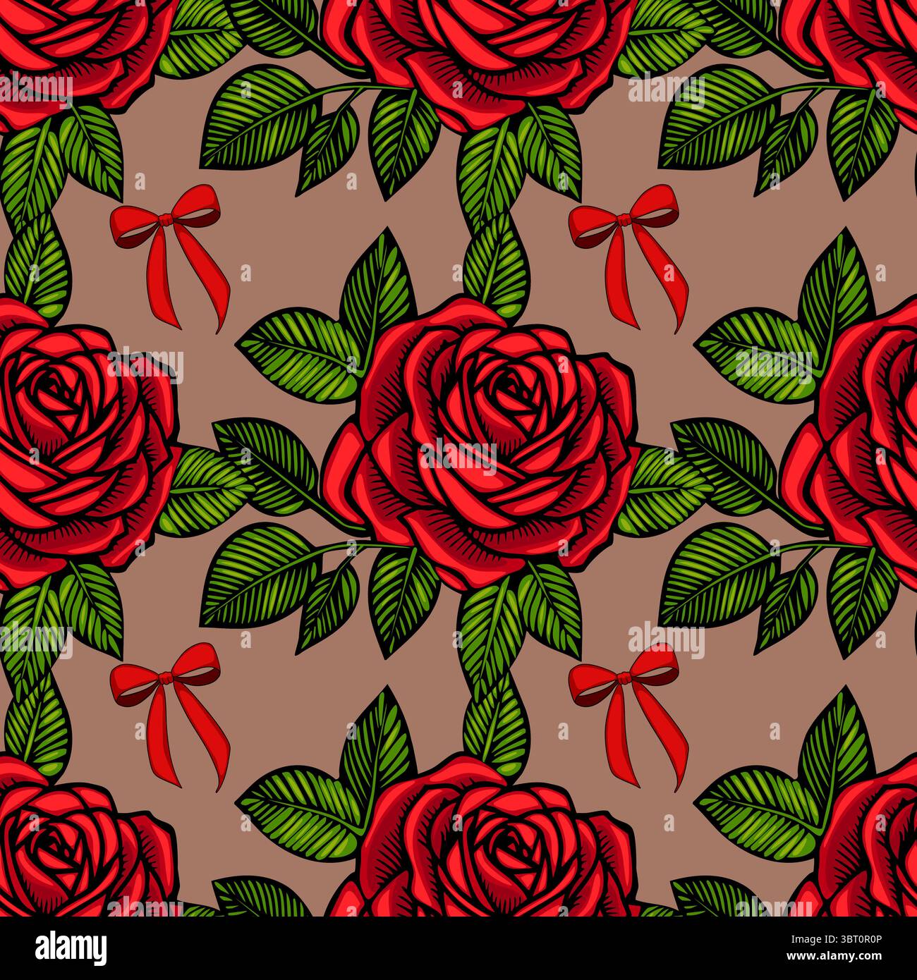 Ein nahtloses Vektormuster mit leuchtenden roten Rosen mit üppigen grünen Blättern und roten Bögen auf einem neutralen Hintergrund. Das Design ist auffällig und auffällig Stock Vektor