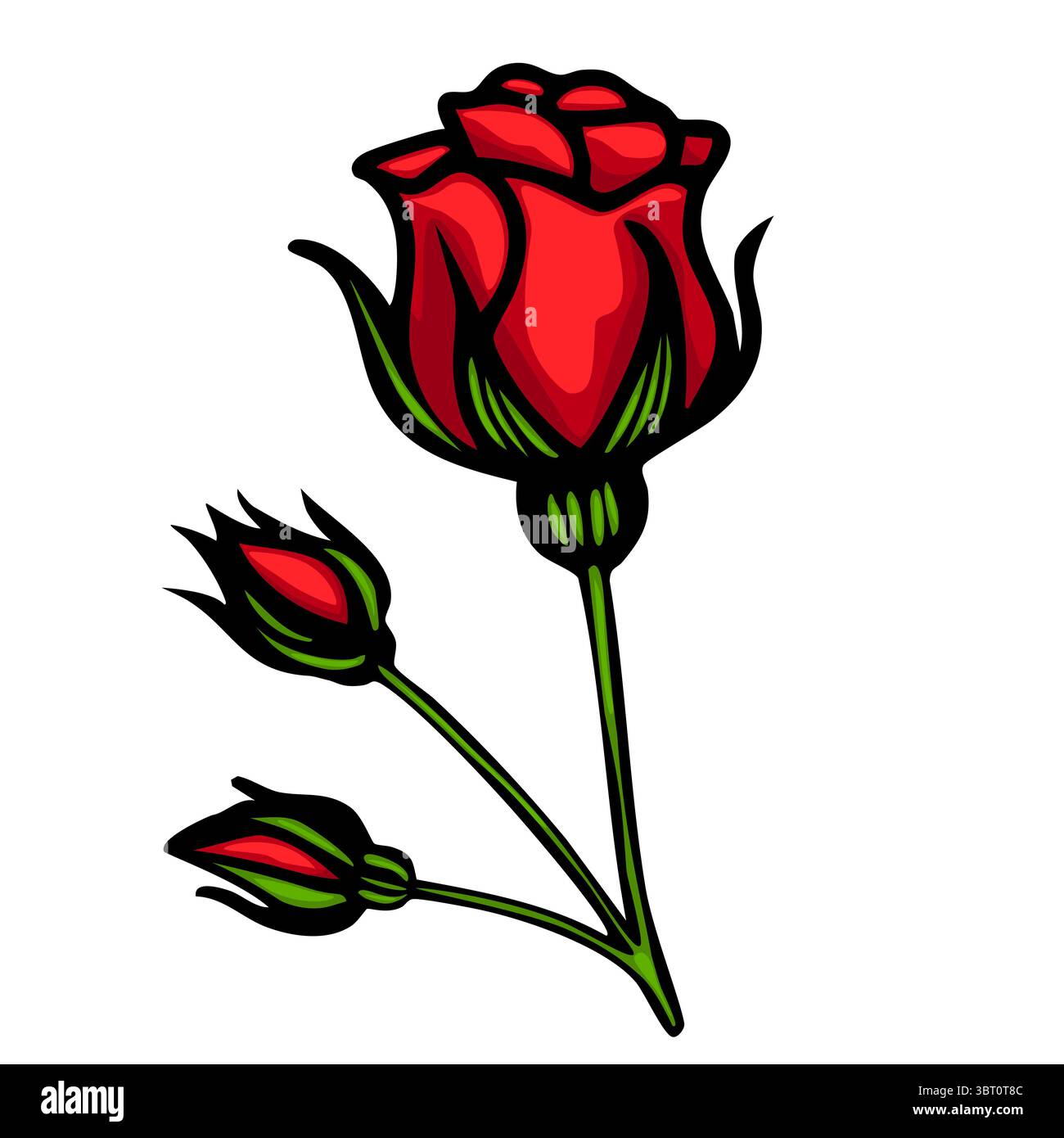 Eine leuchtende, vektorrote Rose mit grünen Blättern und zwei blühenden Rosen, die in einem auffälligen, grafischen Stil dargestellt werden. Stock Vektor