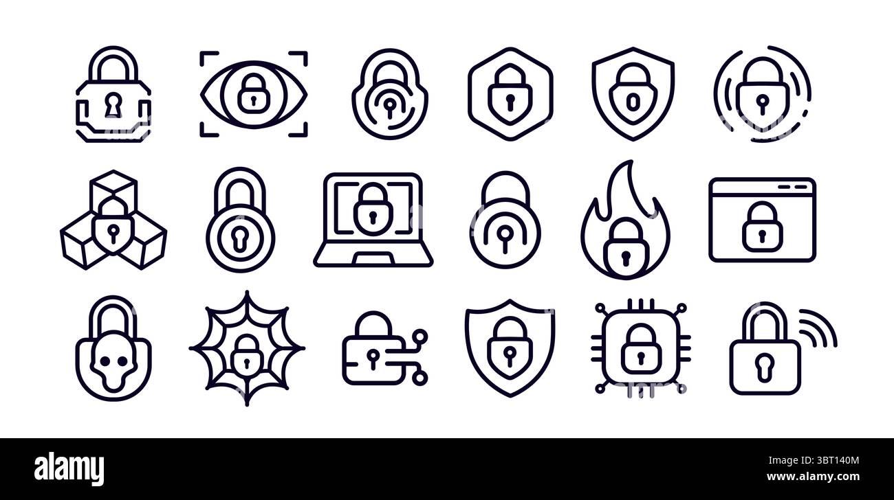 Symbole für Cyber-Sicherheitssperre festgelegt. Vorhängeschlösser, Schilde, Firewall- und Virenschutzsymbole für Virenschutz, Zugriffskontrolle, Datenschutz und Verschlüsselung Stock Vektor