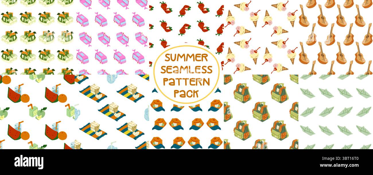 Set Aus Der Sommer-Kollektion Mit Nahtlosem Muster. Set aus 10 nahtlosen Sommermustern mit verschiedenen Cartoon-Elementen. Flaches, farbenfrohes Design mit verspieltem Urlaubsmotiv Stock Vektor