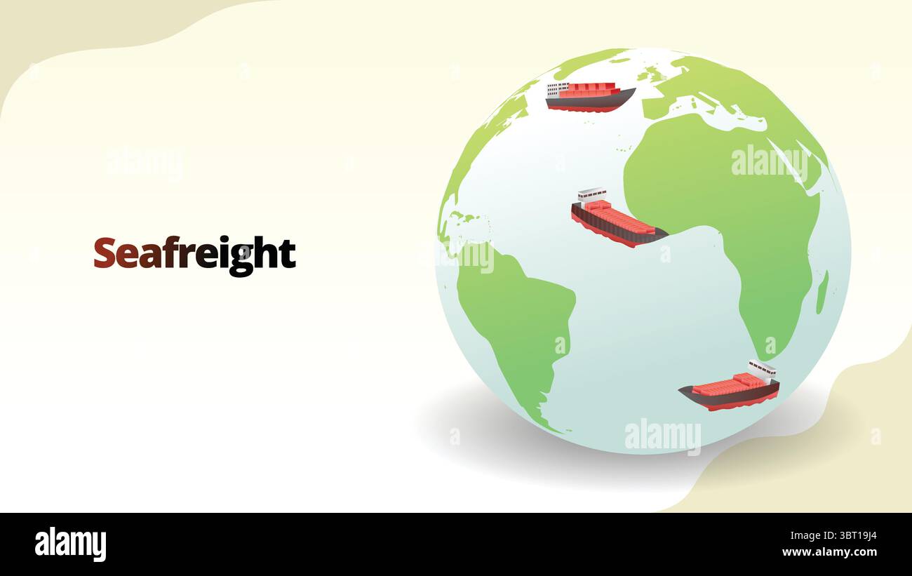 Seefrachtkonzept. Globus mit Frachtweg. Isometrische 3D-Vektorgrafik für das Supply Chain Management Stock Vektor